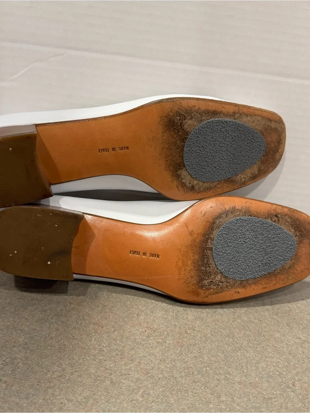 Salvatore Ferragamo White Leather Low Block Heel Loafers with Silver Buckle